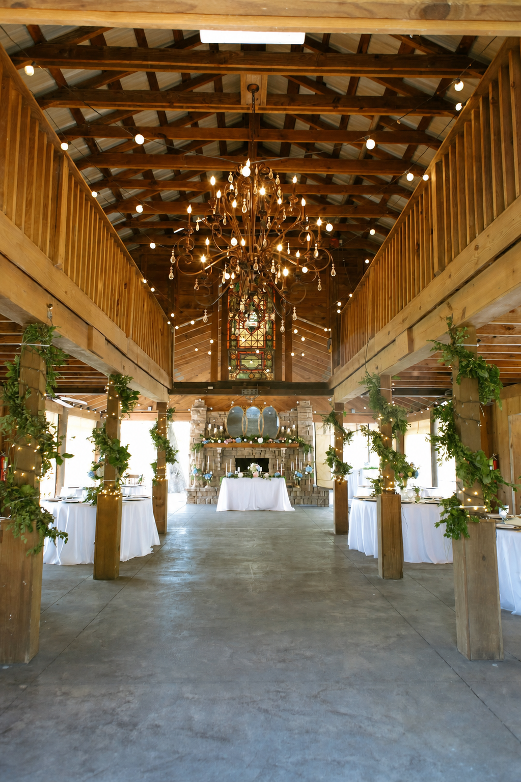 The decorated WildHorse venue interior with chandeliers and a stone fireplace